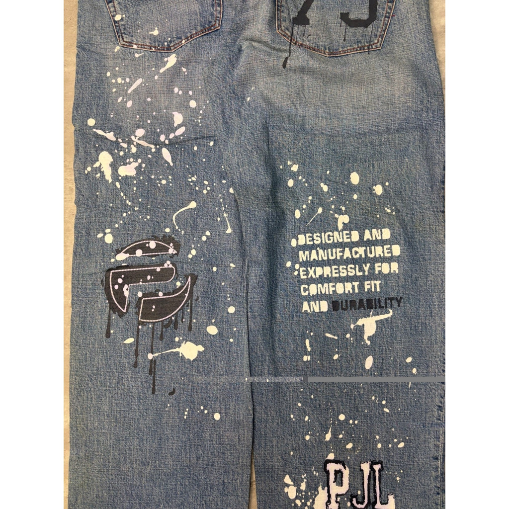 Vintage Y2K Pepe Jeans Paint Splatter Spellout Medium Wash Denim Pants Sz 38x33