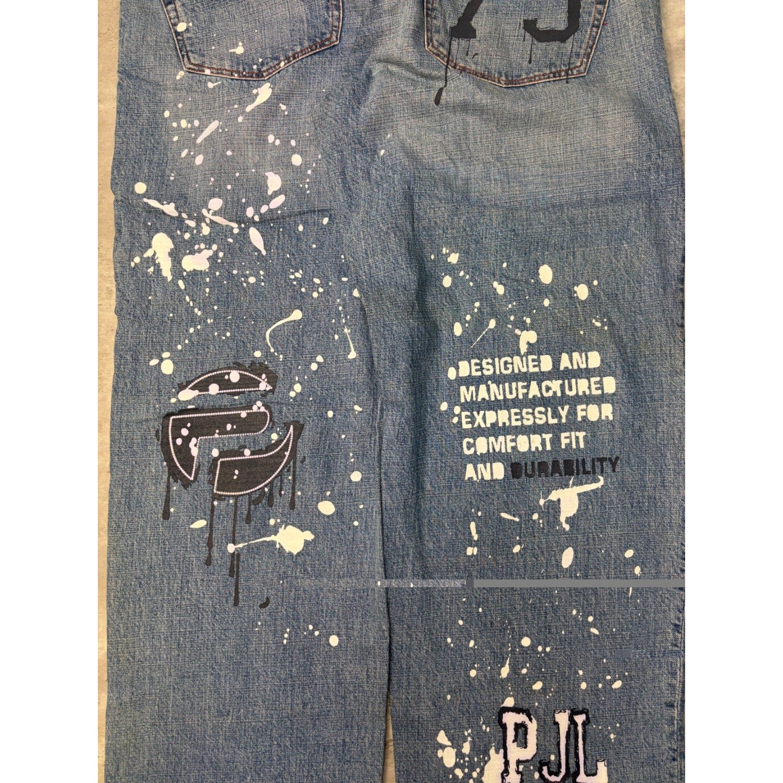 Vintage Y2K Pepe Jeans Paint Splatter Spellout Medium Wash Denim Pants Sz 38x33