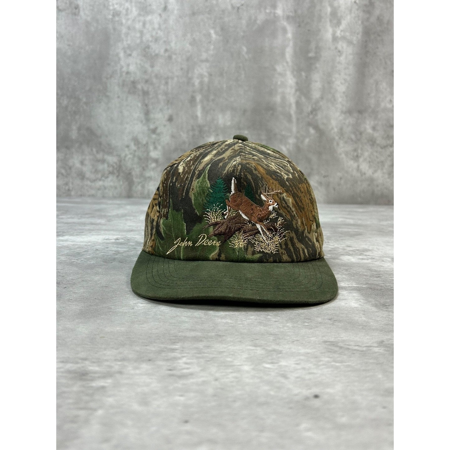 Vintage 90s John Deere Embroidered Deer Camo Hunting Snapback Hat OSFA