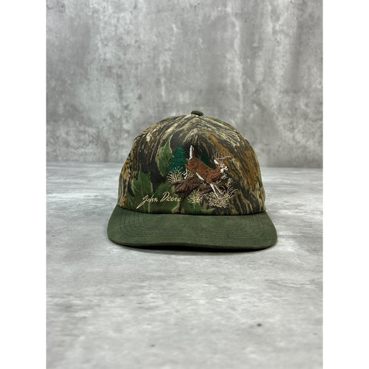 Vintage 90s John Deere Embroidered Deer Camo Hunting Snapback Hat OSFA