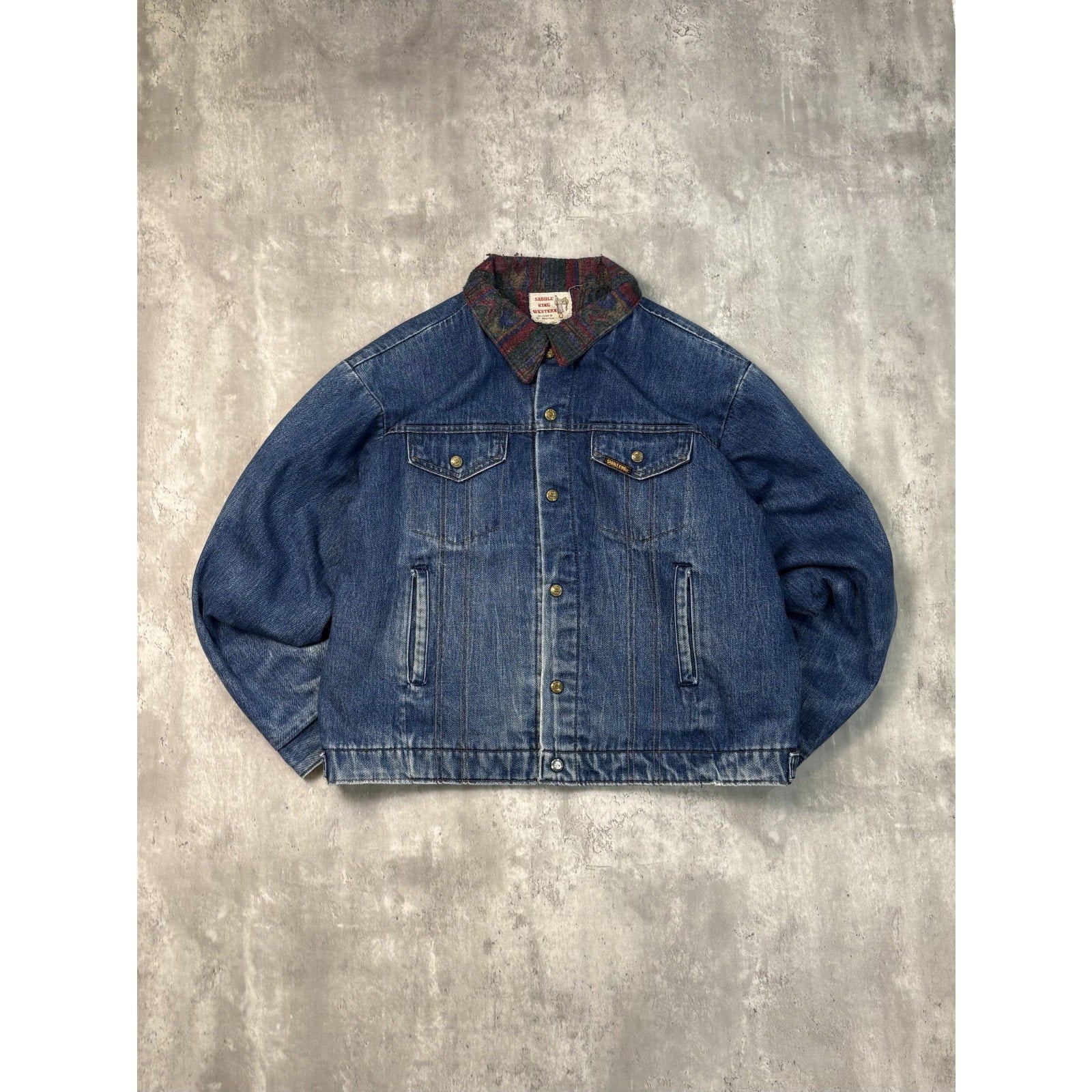 Vintage 80s Saddle King Blanket Lined Western Denim Trucker Jacket Size Large