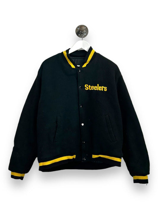 Vintage 90s Pittsburg Steelers NFL Embroidered Fleece Bomber Jacket Size Medium