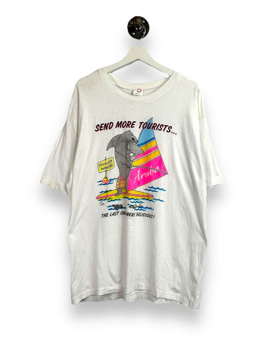 Vintage 90s Aruba Send More Tourists Shark Comedy Graphic T-Shirt Size Medium