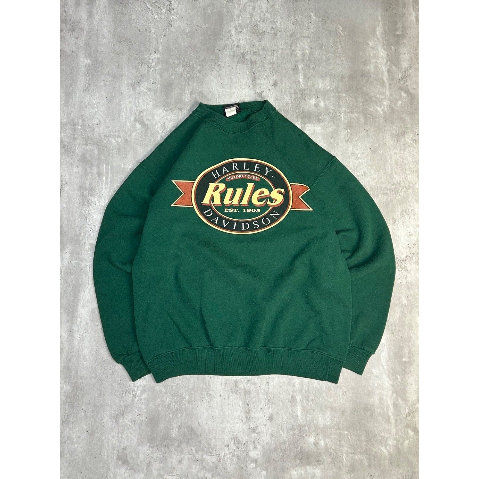 Vintage 90s Harley Davidson Rules Spellout Graphic Green Sweatshirt Size Large