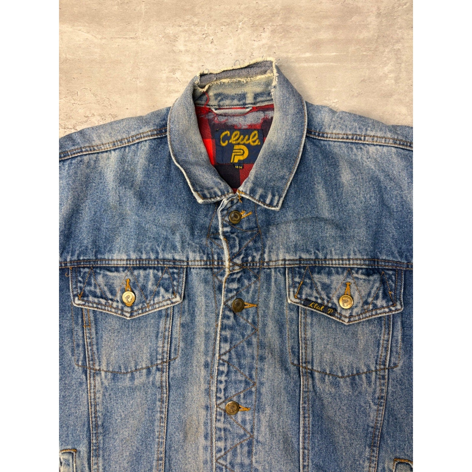 Vintage 90s Club P Plaid Lined Medium Wash Denim Trucker Jacket Size Medium