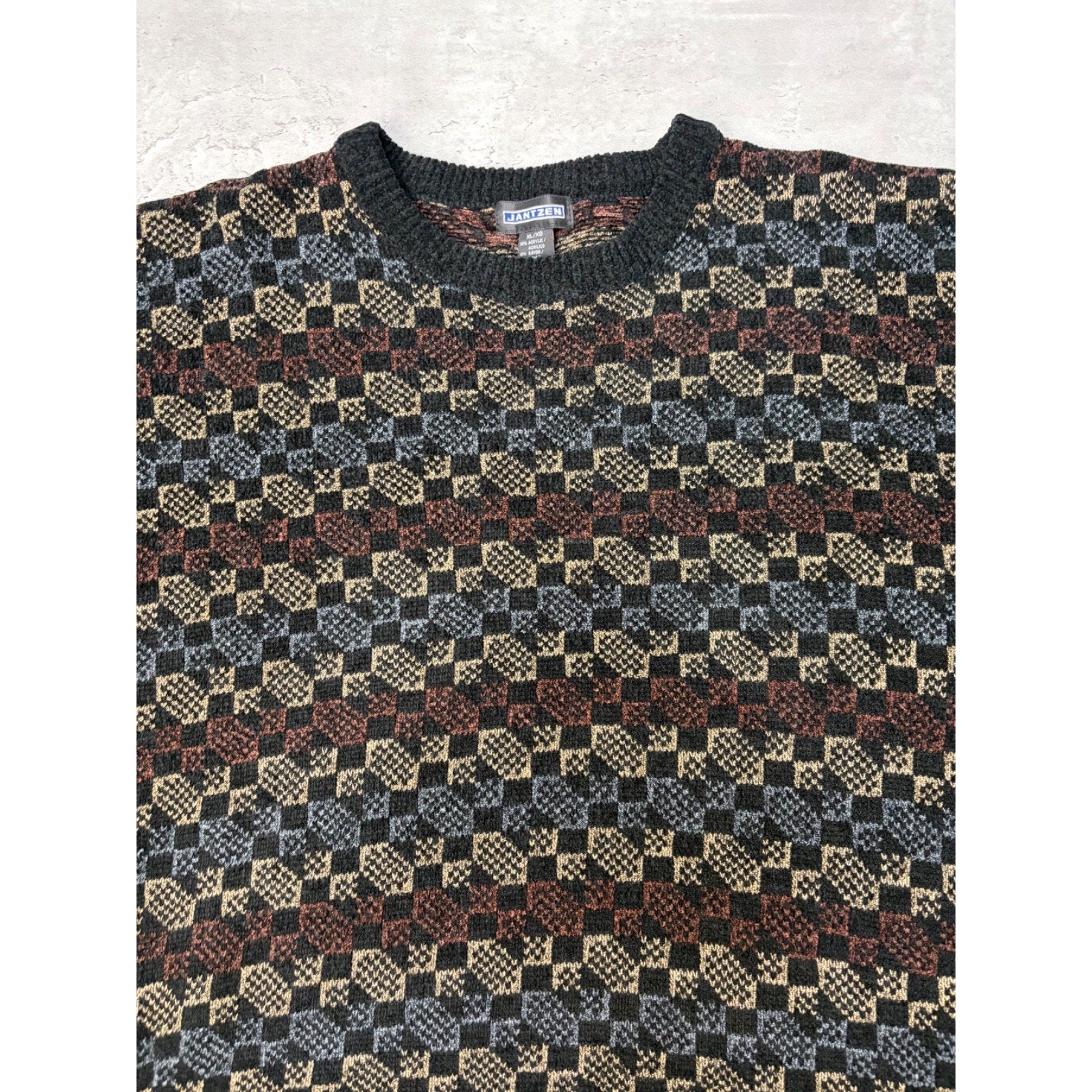 Vintage 90s Jantzen Abstract Checkered Print Pullover Knit Sweater Size XL