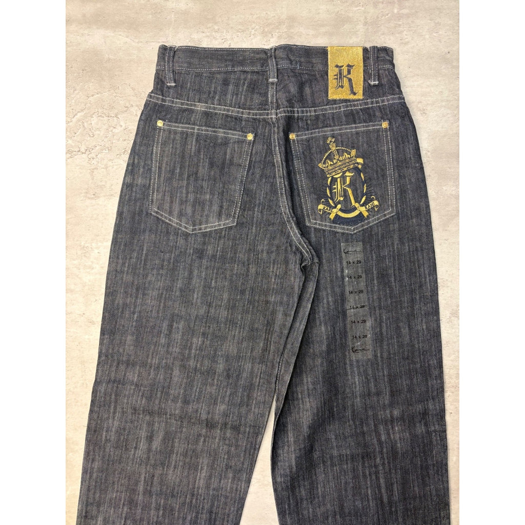 Vintage Y2K Womens Kani Embroidered Crown Dark Wash Denim Pants Size 14x28
