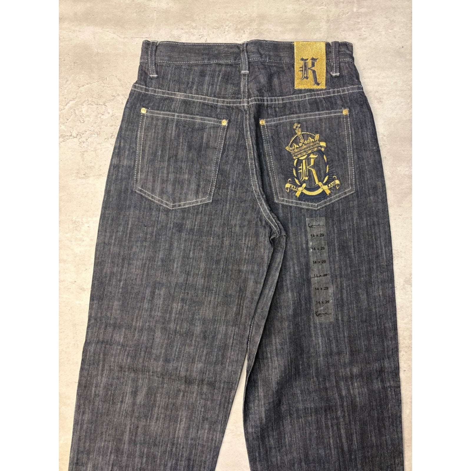 Vintage Y2K Womens Kani Embroidered Crown Dark Wash Denim Pants Size 14x28
