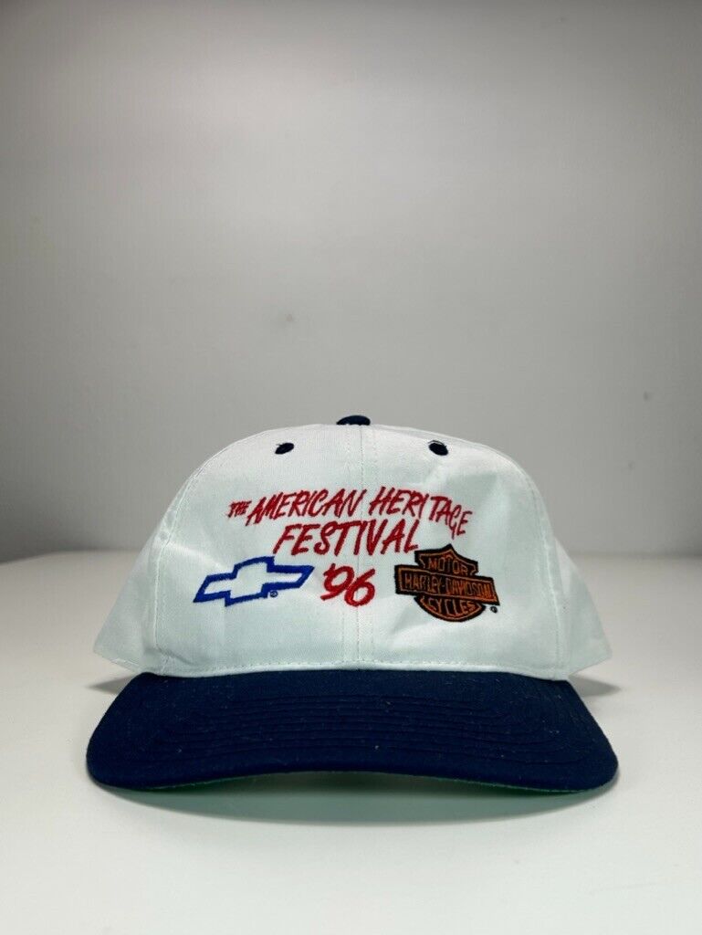 Vintage 1996 American Heritage Festival Harley Chevy Snapback Hat OSFA