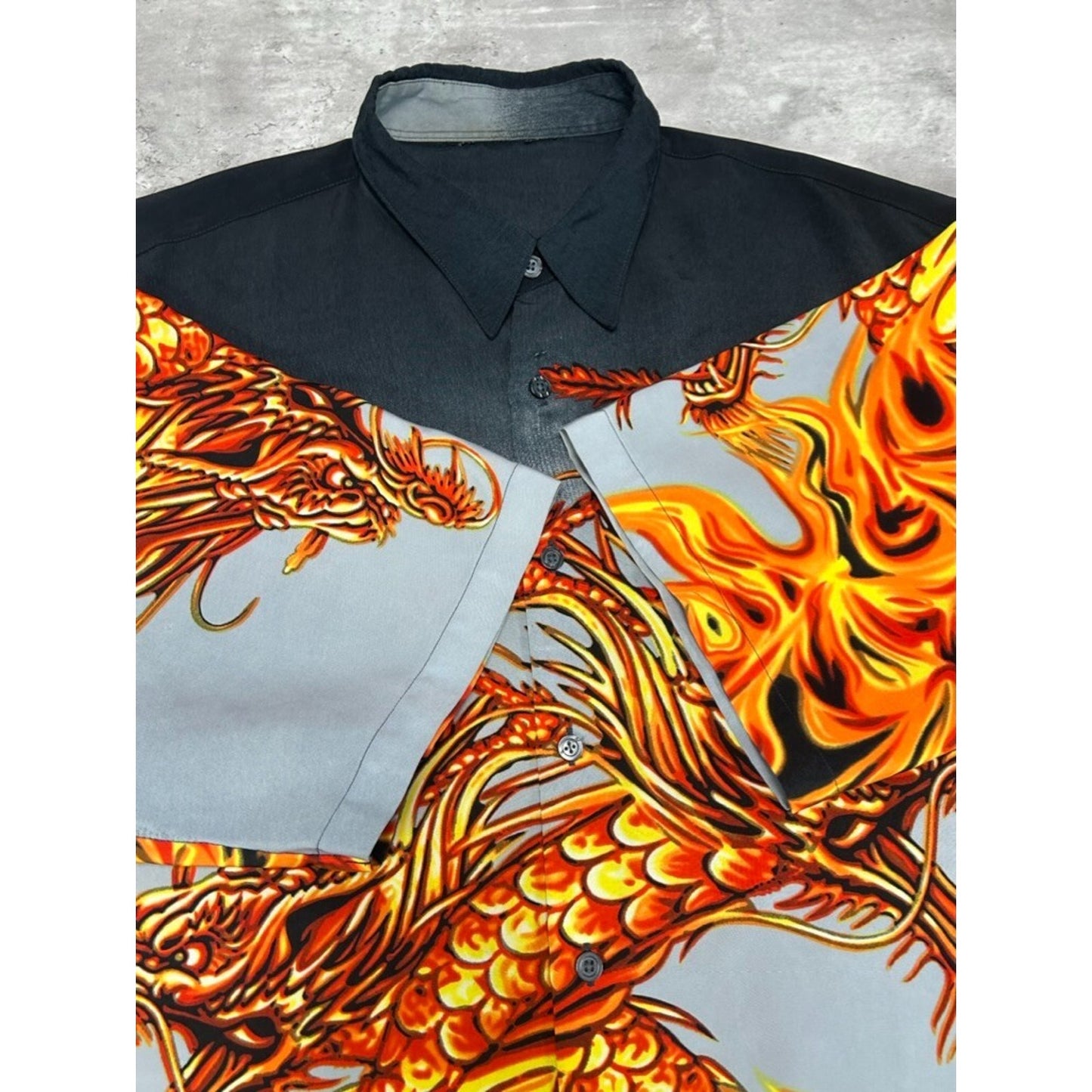 Vintage Y2K Anime Flaming Dragon All Over Print Graphic Button Up Shirt Size XXL
