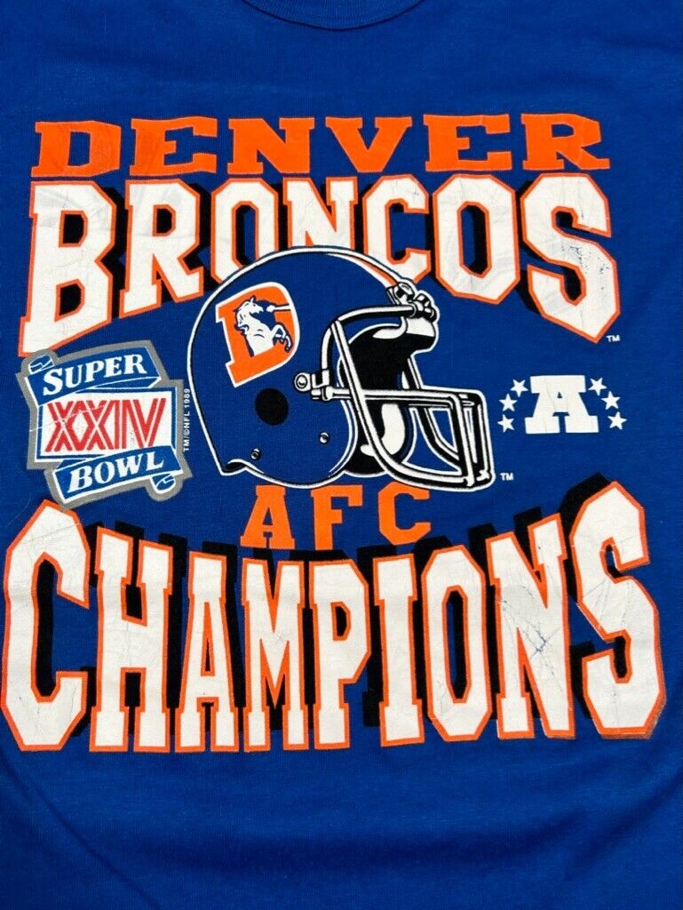 Vintage 1989 Denver Broncos AFC Champs NFL Graphic T-Shirt Size Large 80s Blue