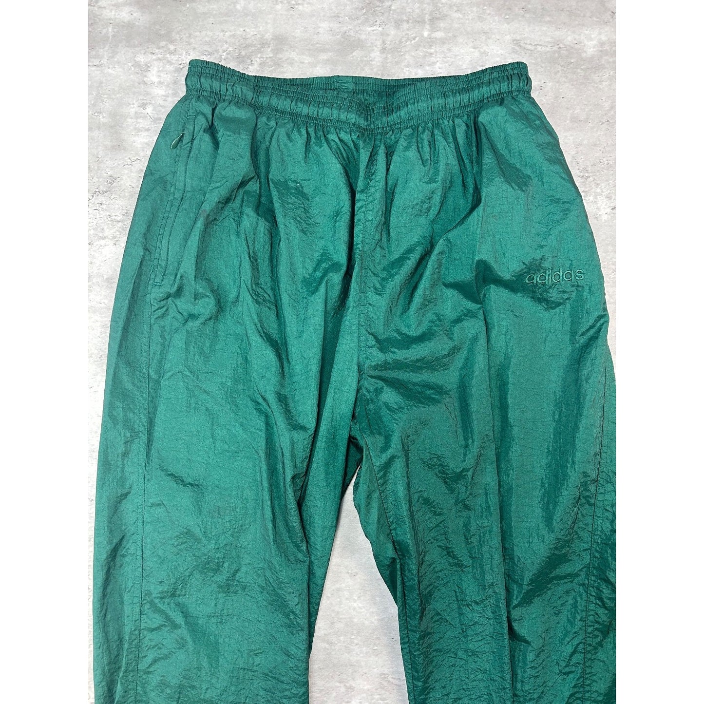 Vintage 90s Adidas Tonal Embroidered Spellout Nylon Track Pants Size Large Green