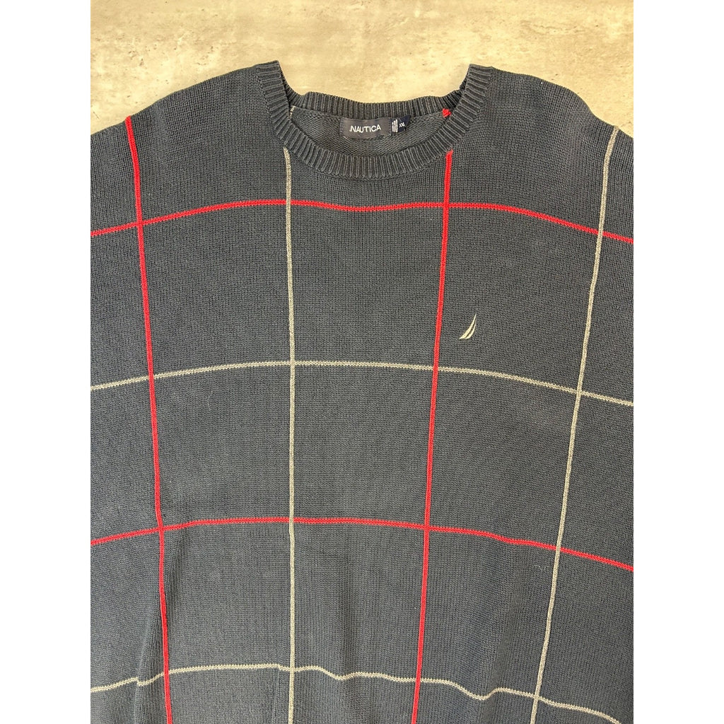 Vintage Nautica Embroidered Logo Checkered Knit Sweater Size XXL