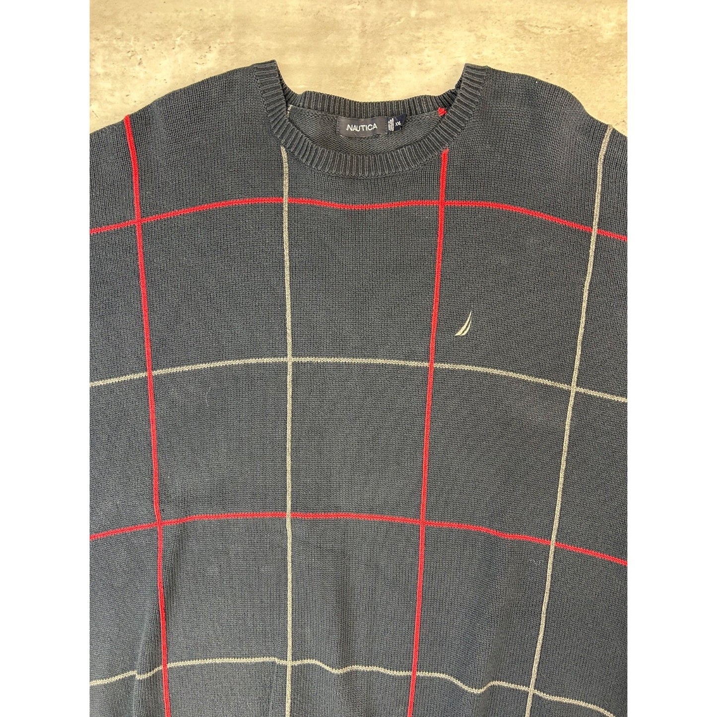 Vintage Nautica Embroidered Logo Checkered Knit Sweater Size XXL