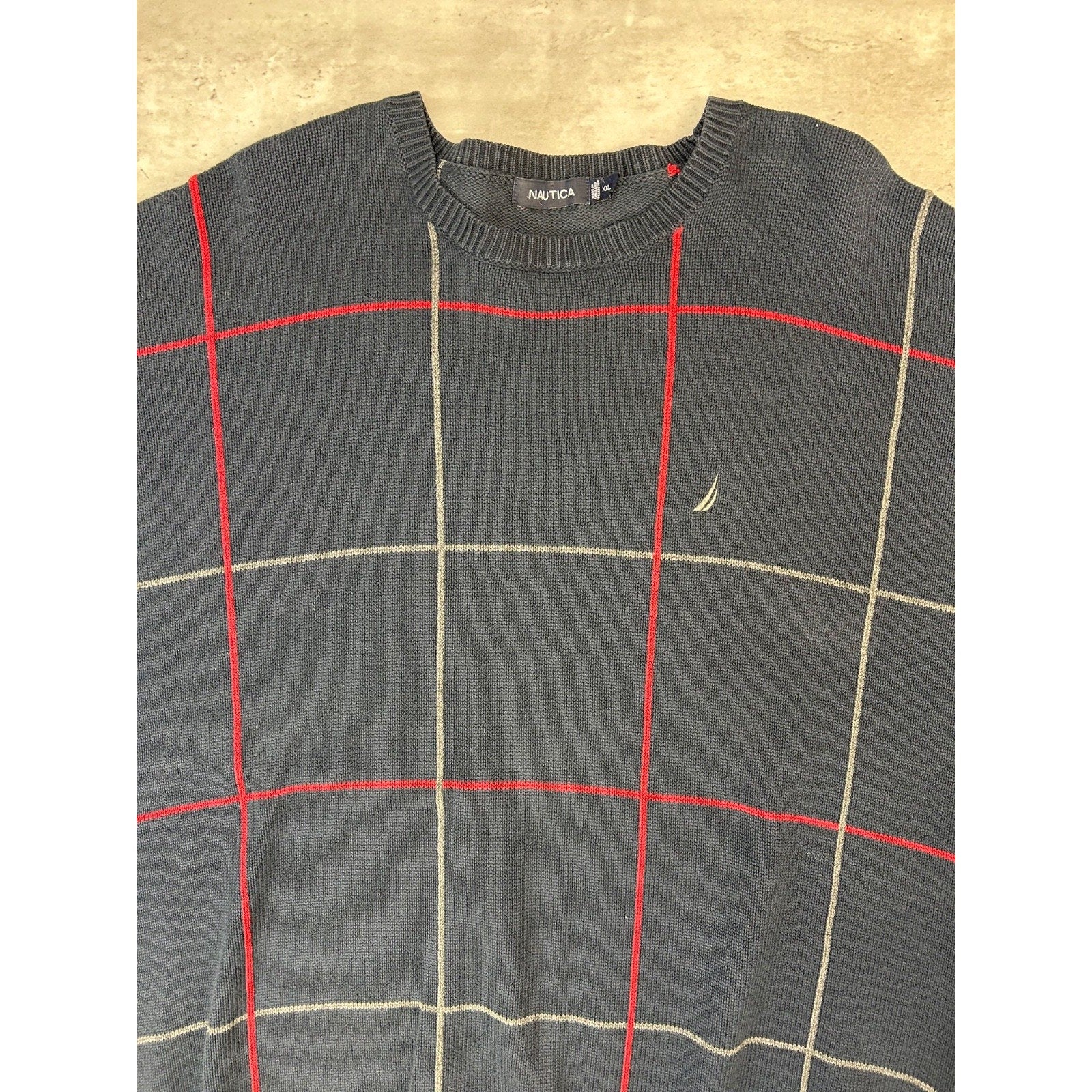 Vintage Nautica Embroidered Logo Checkered Knit Sweater Size XXL