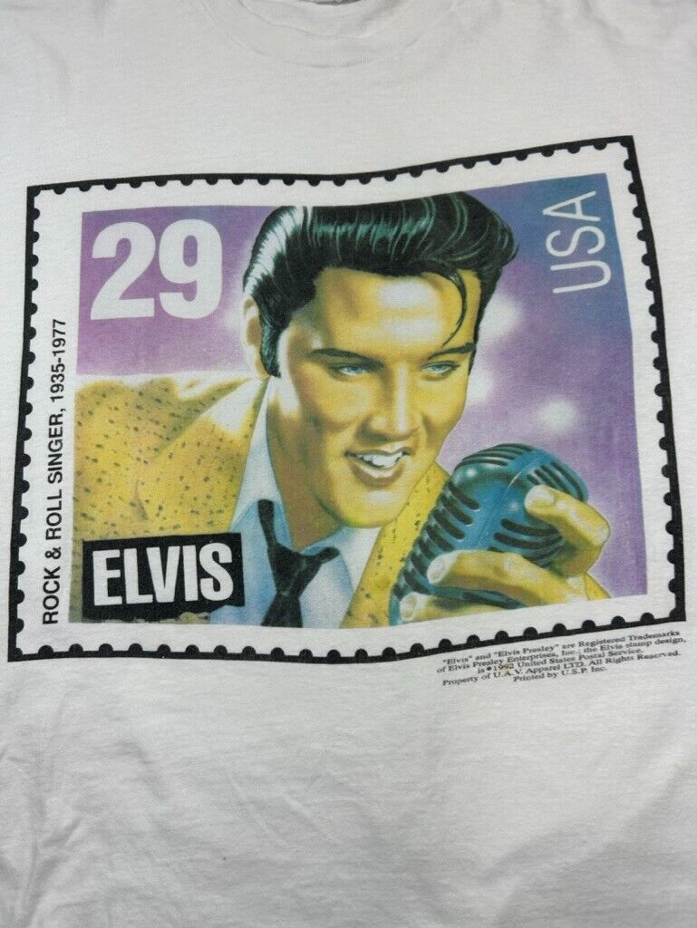 Vintage 1992 Elvis Presley Rock & Roll Music Stamp Graphic T-Shirt Size XL 90s