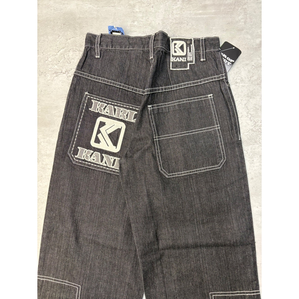 Vintage Y2K Womens Kani Embroidered Spellout Black Wash Denim Pants Size 28x29