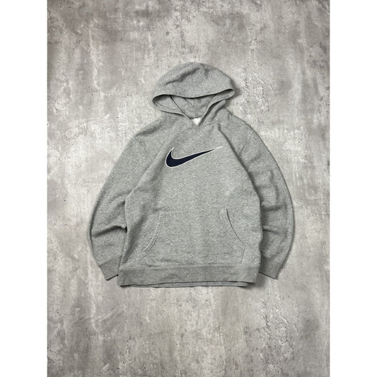 Vintage Nike Embroidered Big Swoosh Pullover Hooded Sweatshirt Size Medium Gray