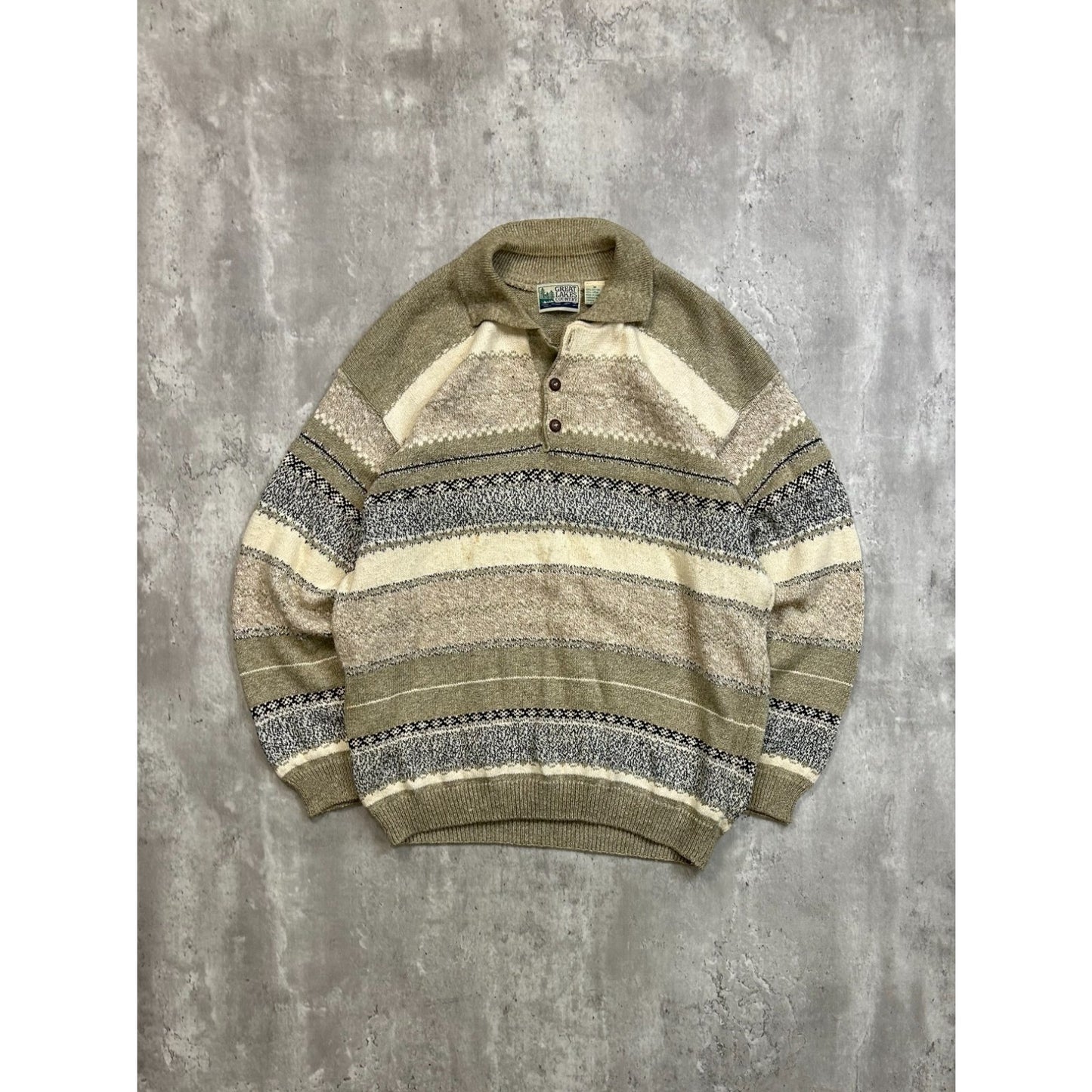 Vintage 90s Great Lakes Country Abstract Striped Collared Sweater Size Medium