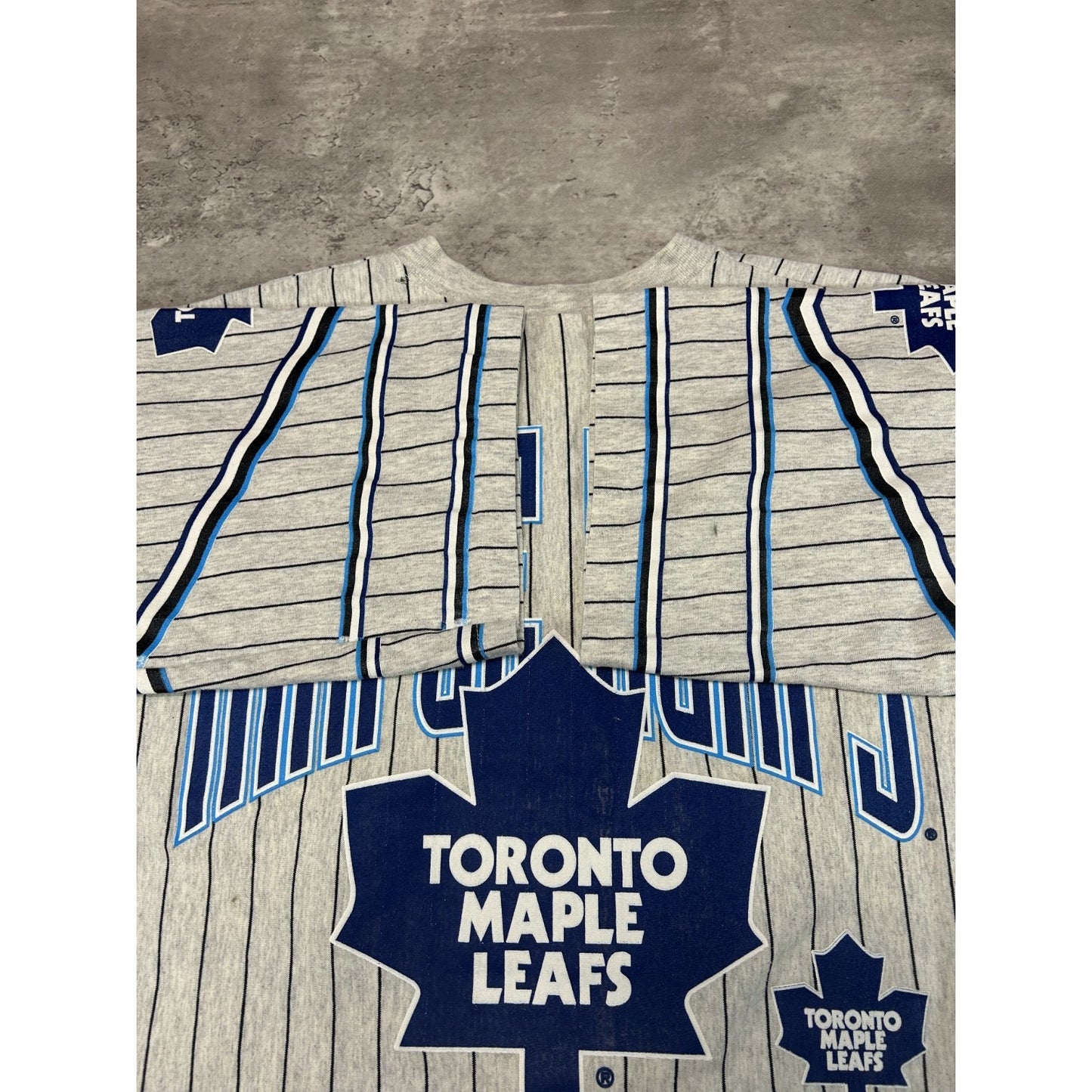 VTG 90s Toronto Maple Leafs NHL Pinstripe All Over Print 3/4 Sleeve T-Shirt Lg