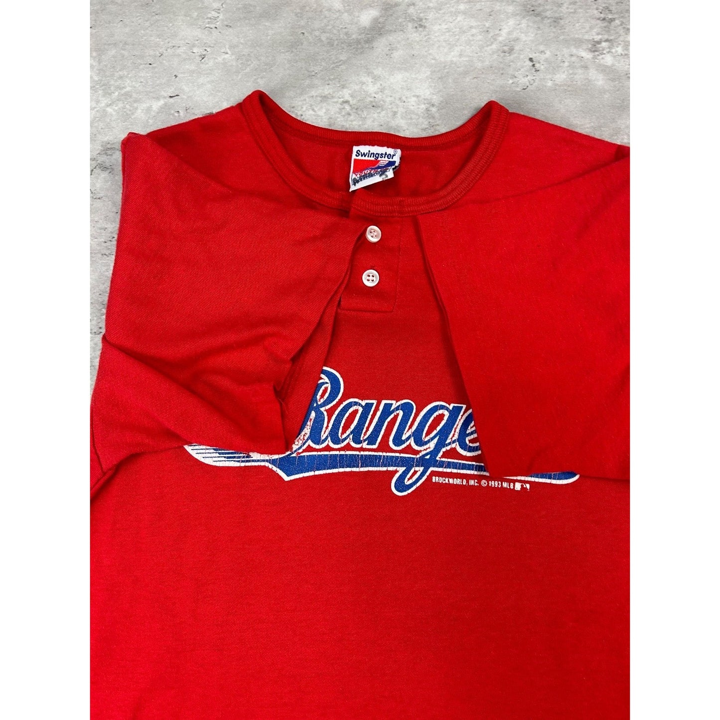 Vintage 1993 Texas Rangers MLB Graphic 1/4 Button Baseball T-Shirt YOUTH XL