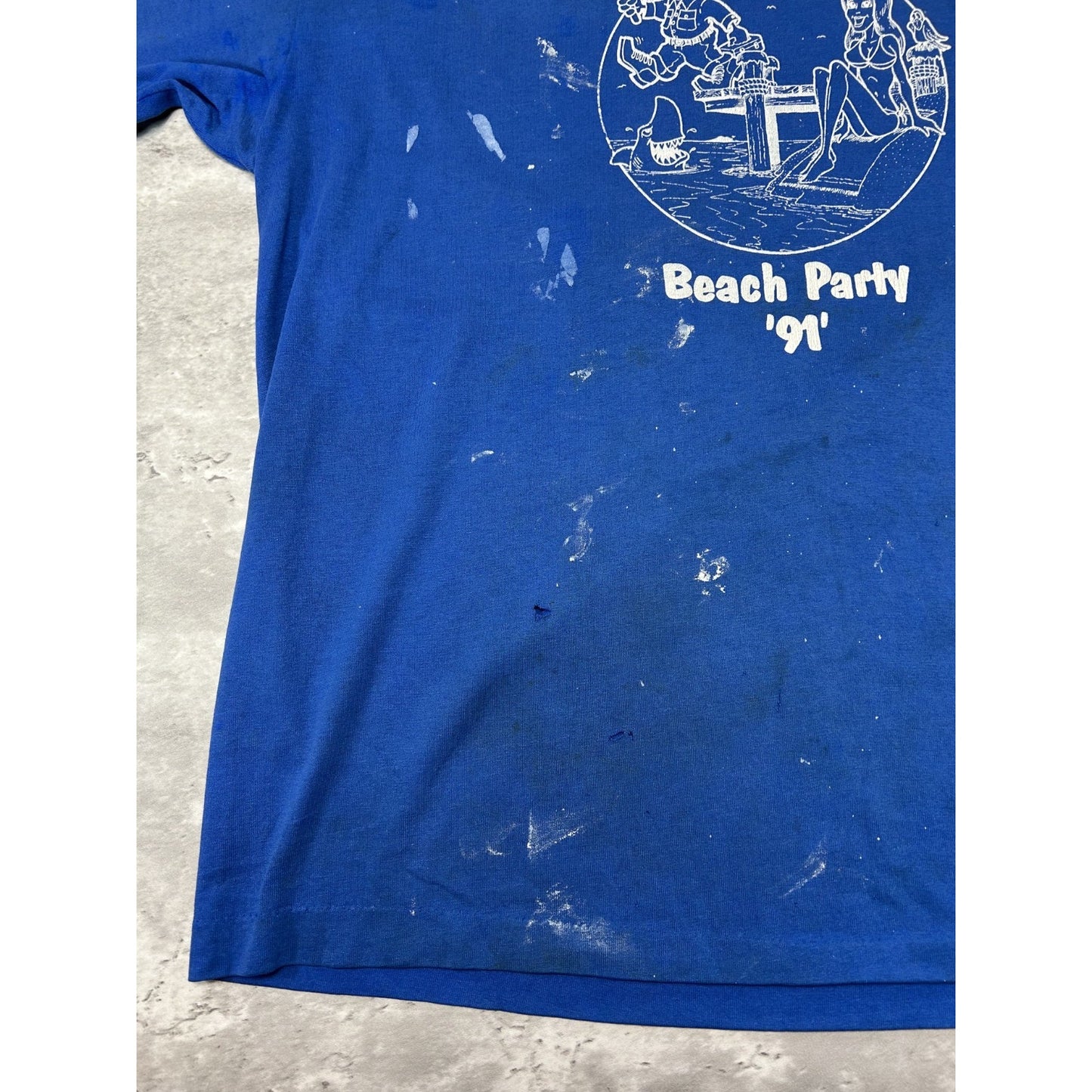 Vintage 1991 Beach Party Cartoon Graphic Distressed T-Shirt Size XL Blue
