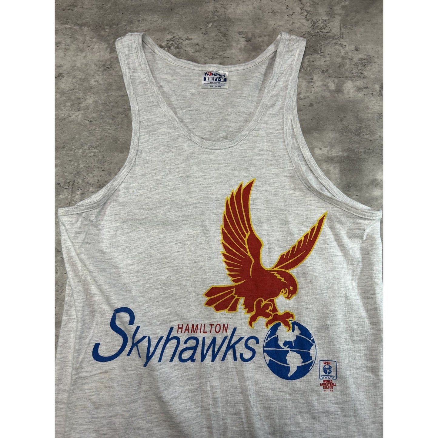 Vintage 1992 Hamilton Skyhawks Basketball Graphic Sleeveless T-Shirt Size Small