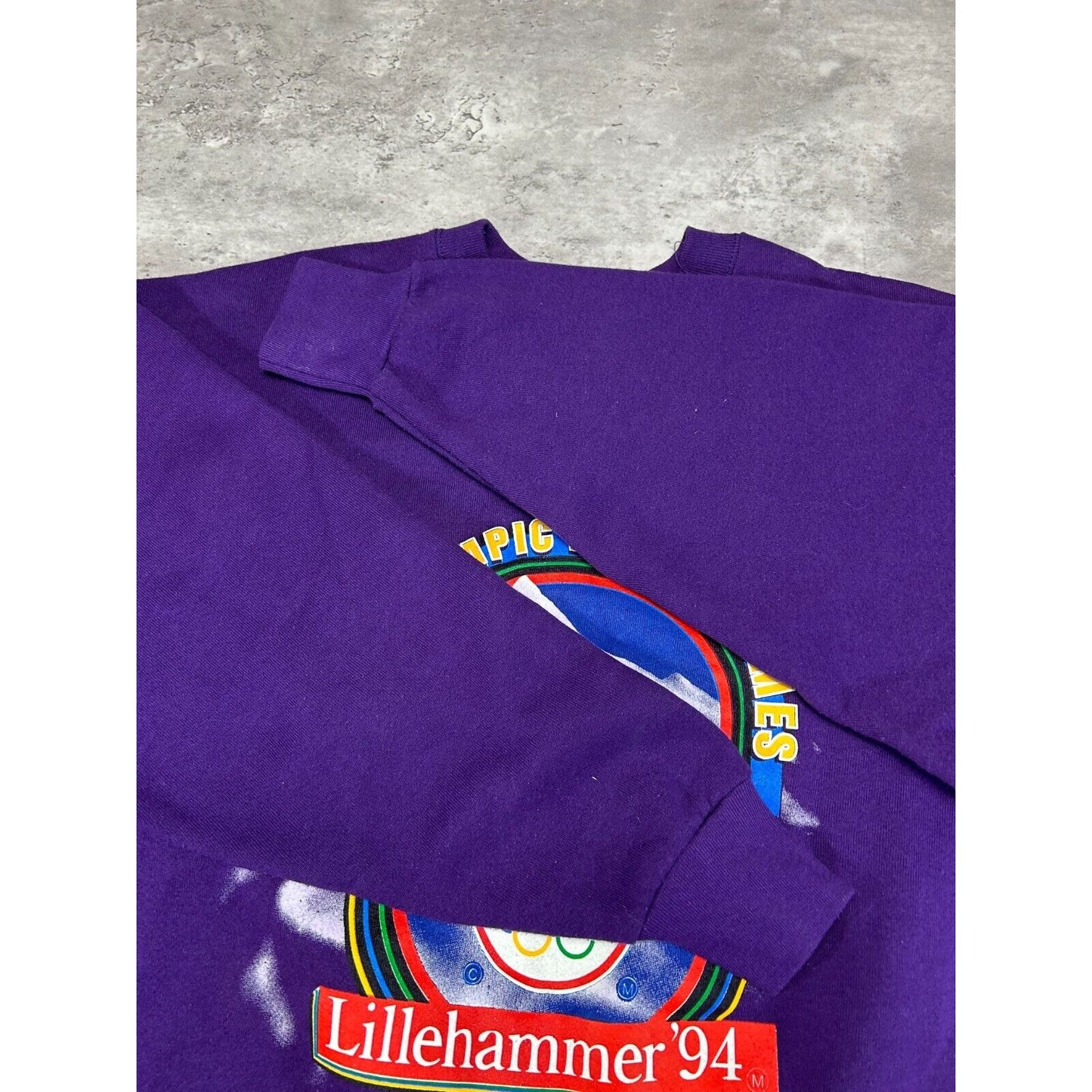 Vintage 1994 Lillehammer Winter Olympics Big Graphic Sweatshirt Size XL Purple