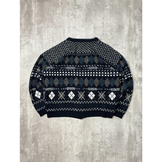 Vintage City Streets Abstract Print Cardigan Knit Sweater Size XL