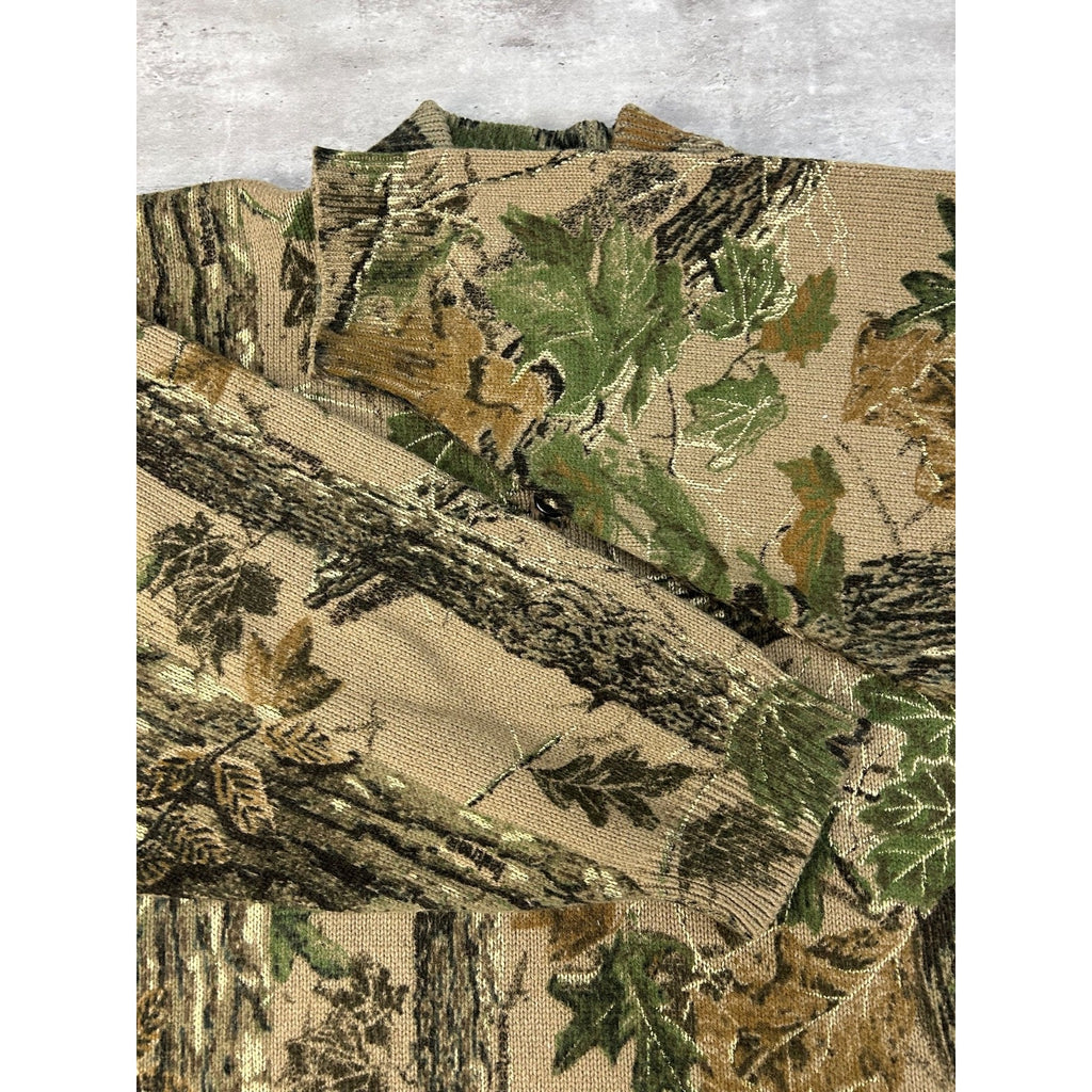 Vintage 80s/90s Saf-T-Bak Tree Camo Hunting 1/4 Button Knit Sweater Size 3XL