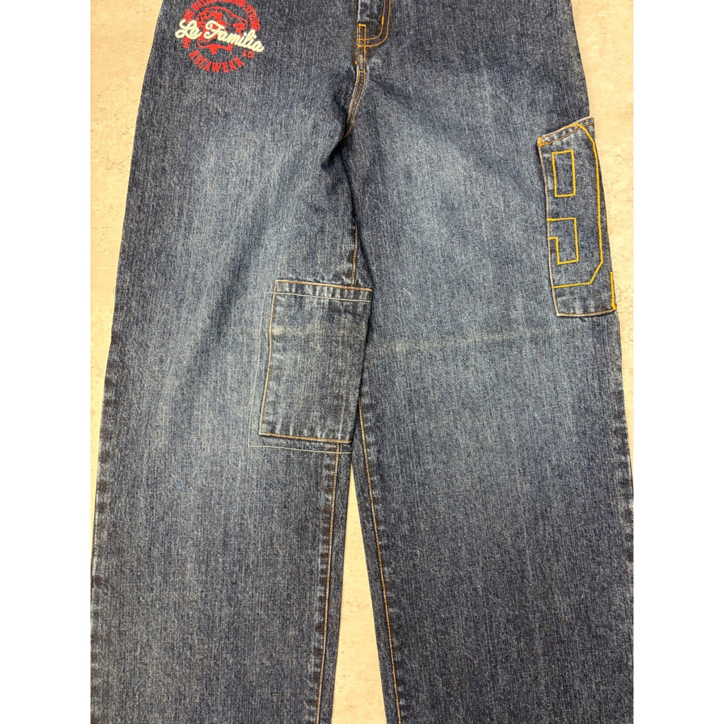 Vintage Y2K Womens Rocawear La Familia Embroidered Medium Wash Denim Pants 26x29