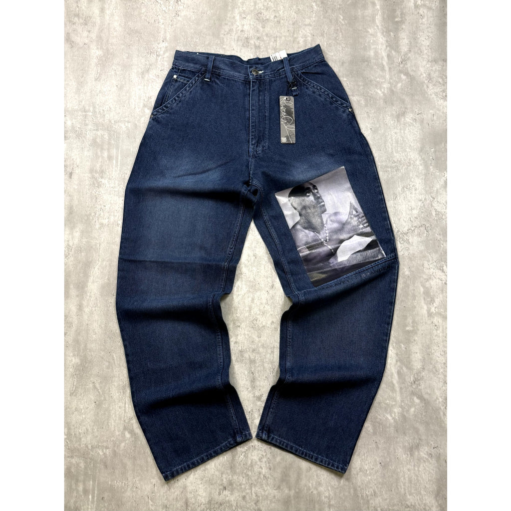 Vintage Y2K Makaveli Tupac Graphic Gothic Script Dark Wash Denim Pants