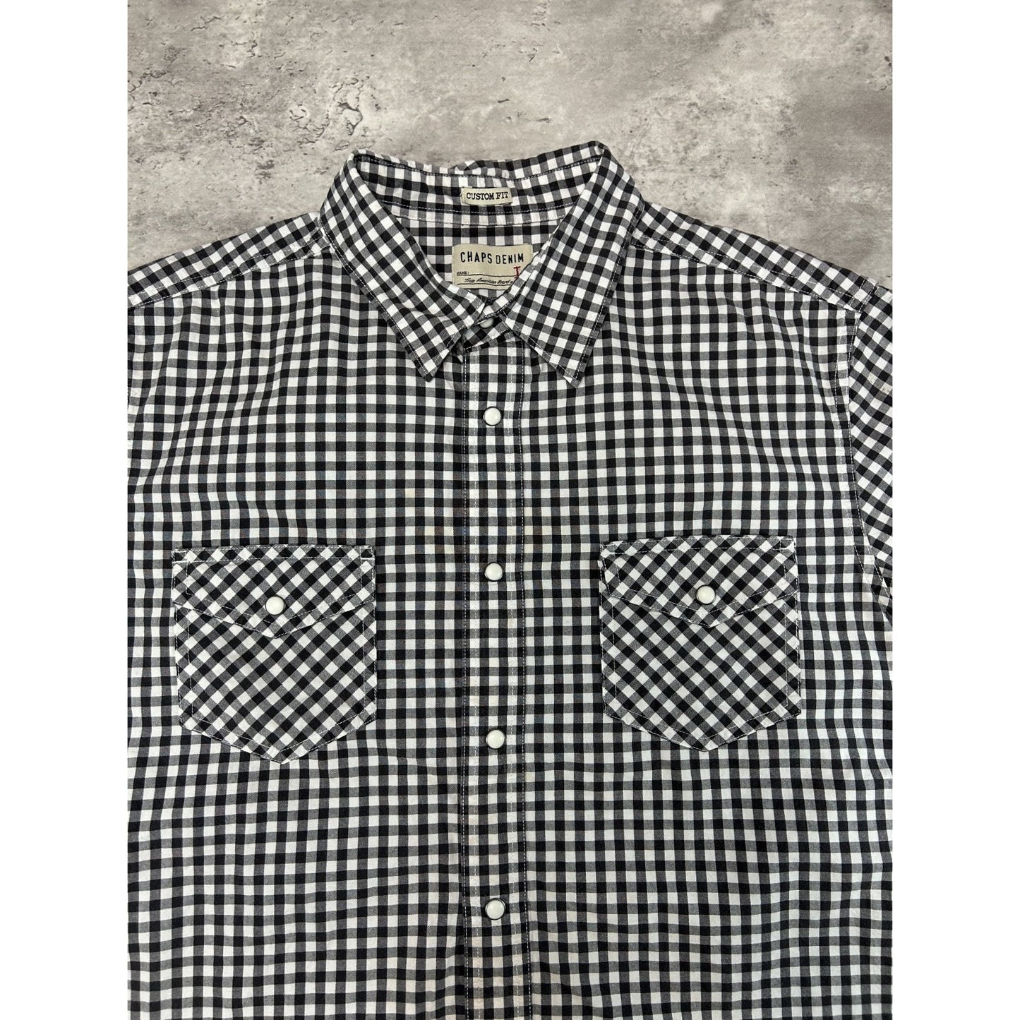 Vintage Chaps Denim Plaid Pearl Snap Short Sleeve Cropped Button Up Shirt Large
