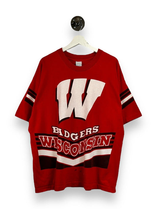 Vintage 90s Wisconsin Badgers NCAA Collegiate AOP Jersey Style T-Shirt Size 2XL