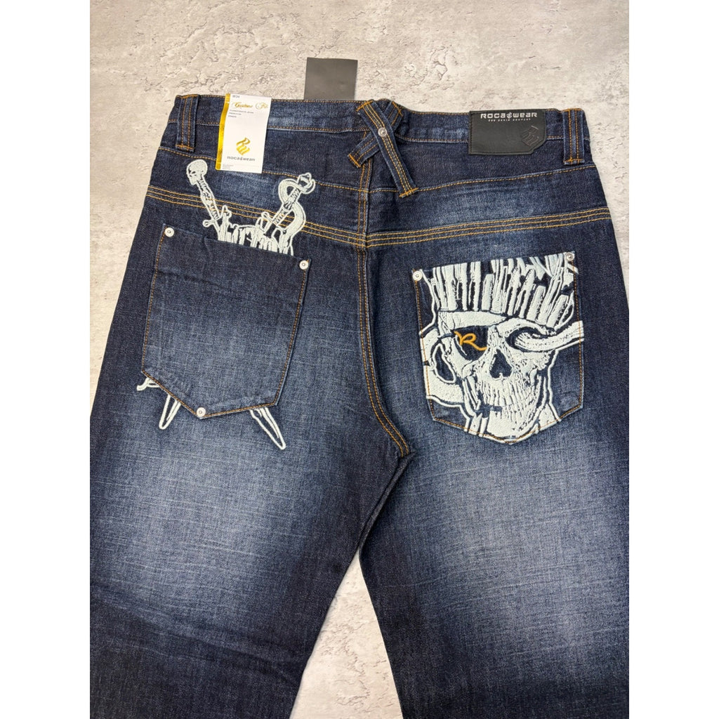 Vintage Y2K Rocawear Embroidered Pocket Skull Dark Wash Denim Pants