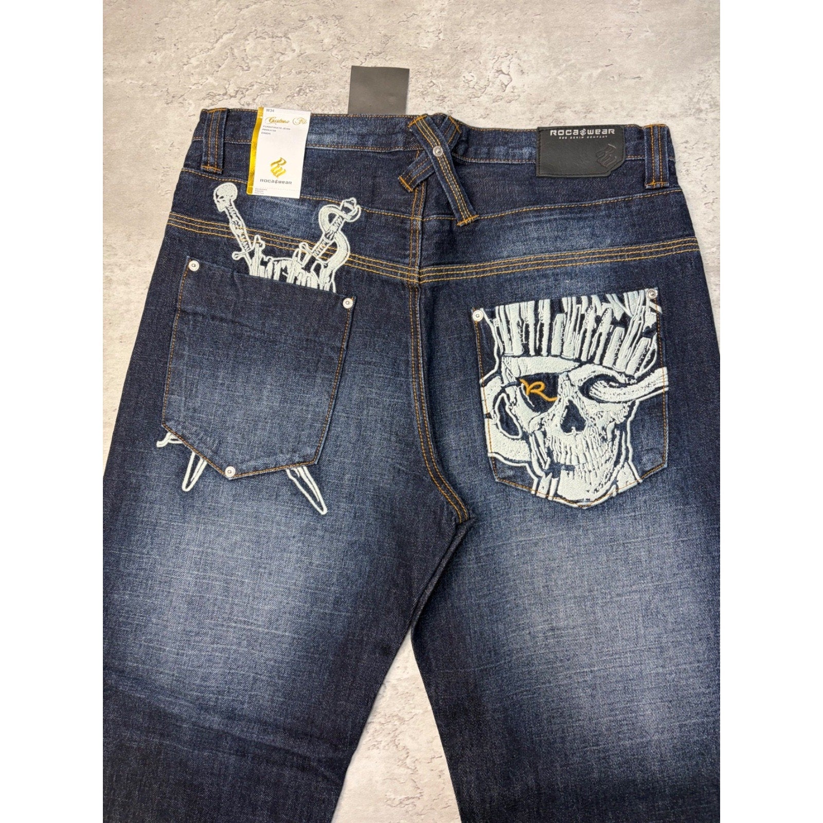 Vintage Y2K Rocawear Embroidered Pocket Skull Dark Wash Denim Pants