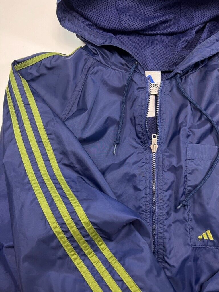 Vintage 90s Adidas Trefoil Three Stripe Windbreaker Hooded Jacket Size XL Blue