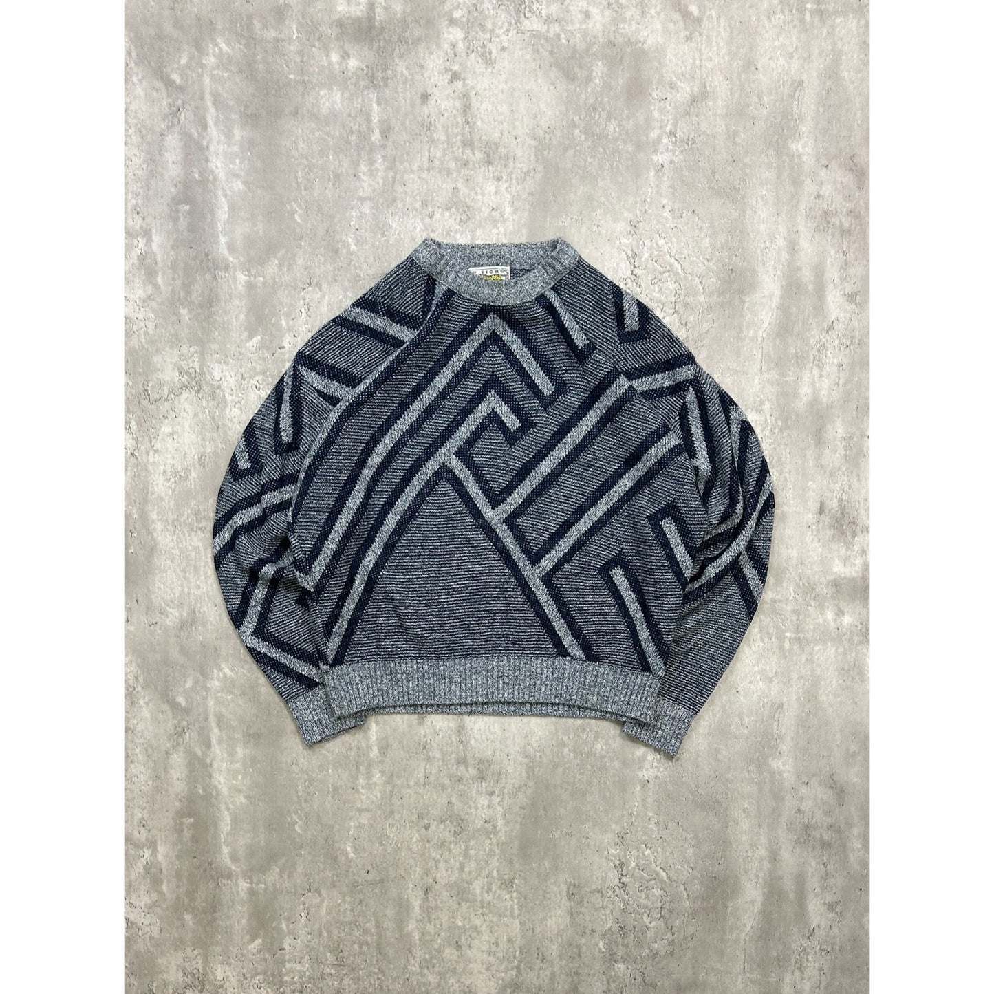 Vintage 90s Abstract Print Pullover Ribbed Knit Sweater Size Large