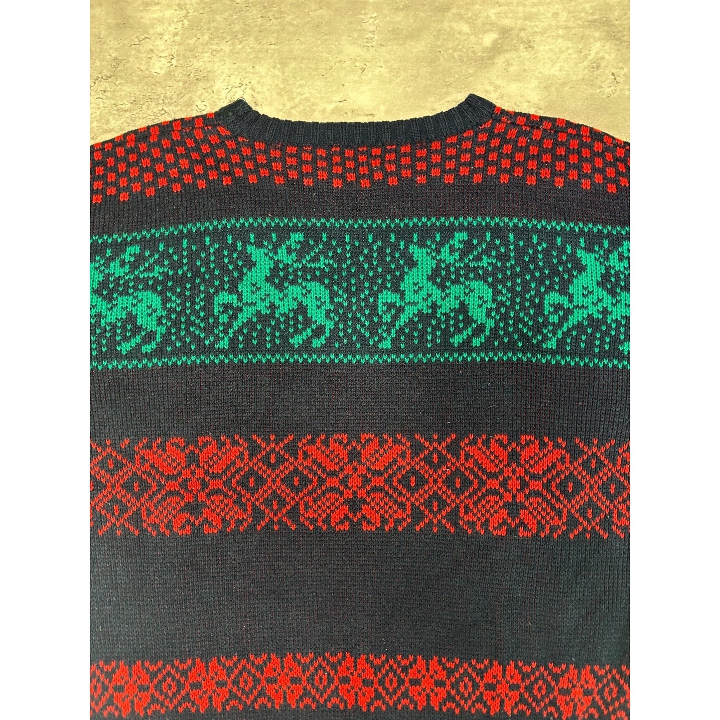 Vintage 90s Code Identification Abstract Striped Reindeer Knit Sweater Sz Large