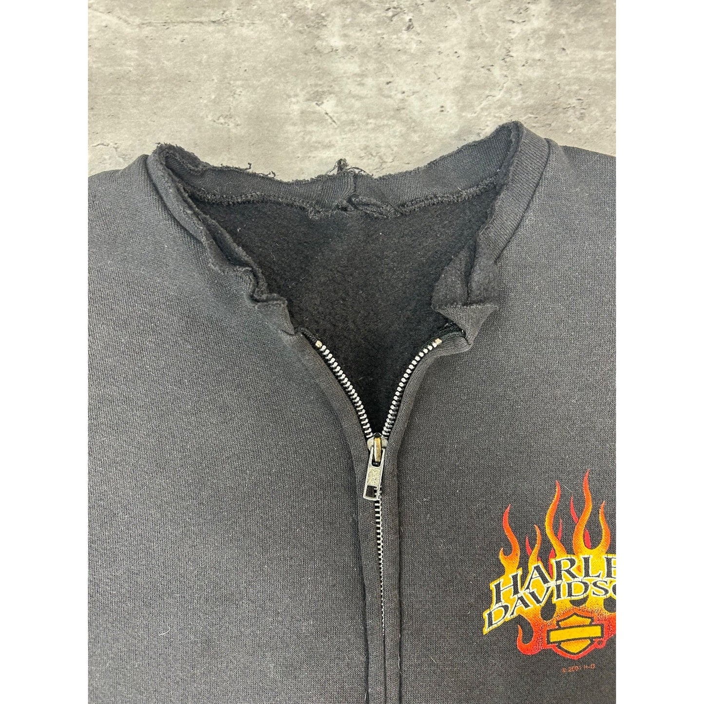 Vintage 2001 Harley Davidson Flame Sleeve Classic Logo Full Zip Sweatshirt Med