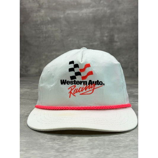Vintage 90s Western Auto Racing Embroidered Spellout Snapback Hat OSFA White