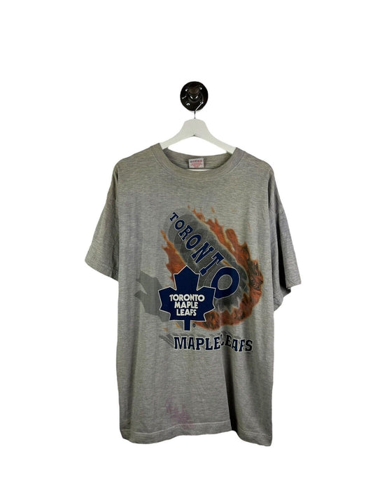 Vintage 90s Toronto Maple Leafs NHL Flaming Puck Spellout Graphic T-Shirt Sz XL