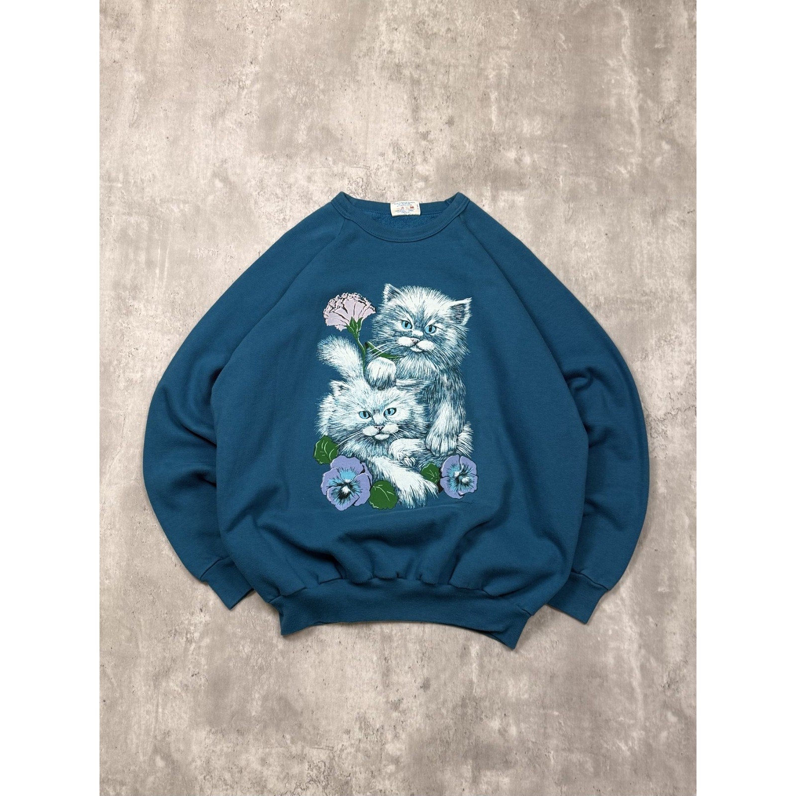 Vintage 90s Floral Kittens Nature Animal Graphic Crewneck Sweatshirt Size Large