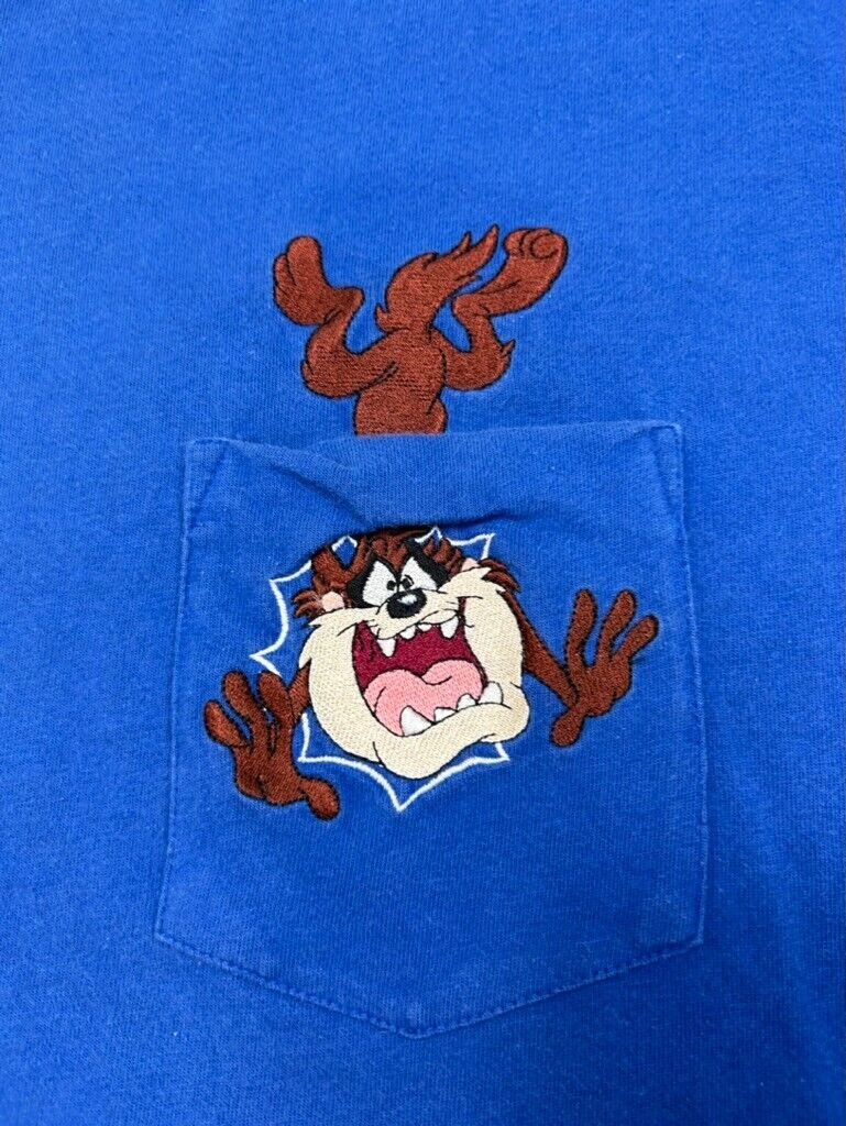 Vintage Looney Tunes Taz Embroidered Cartoon Graphic Pocket T-Shirt Size 2XL