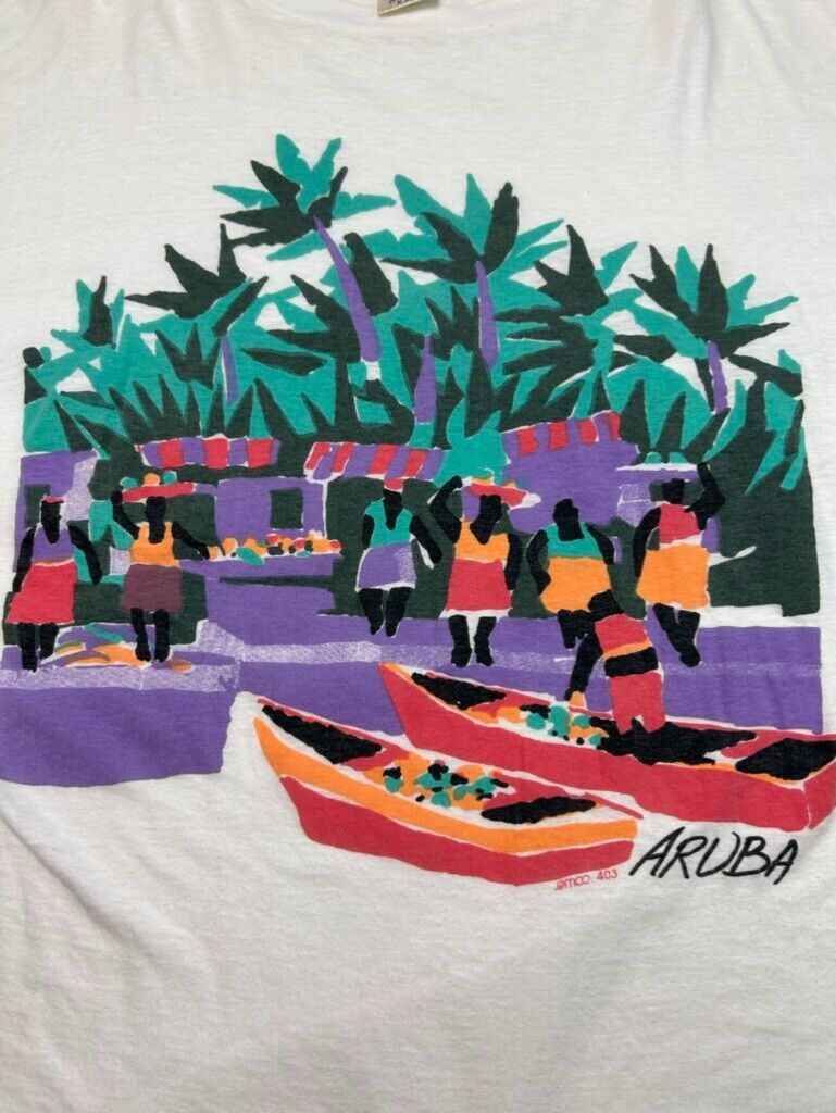 Vintage 90s Aruba Art Graphic Destination T-Shirt Size 2XL White