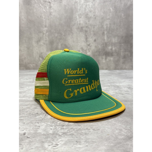 Vintage 80s Worlds Greatest Grandpa Three Stripe Trucker Snapback Hat OSFA