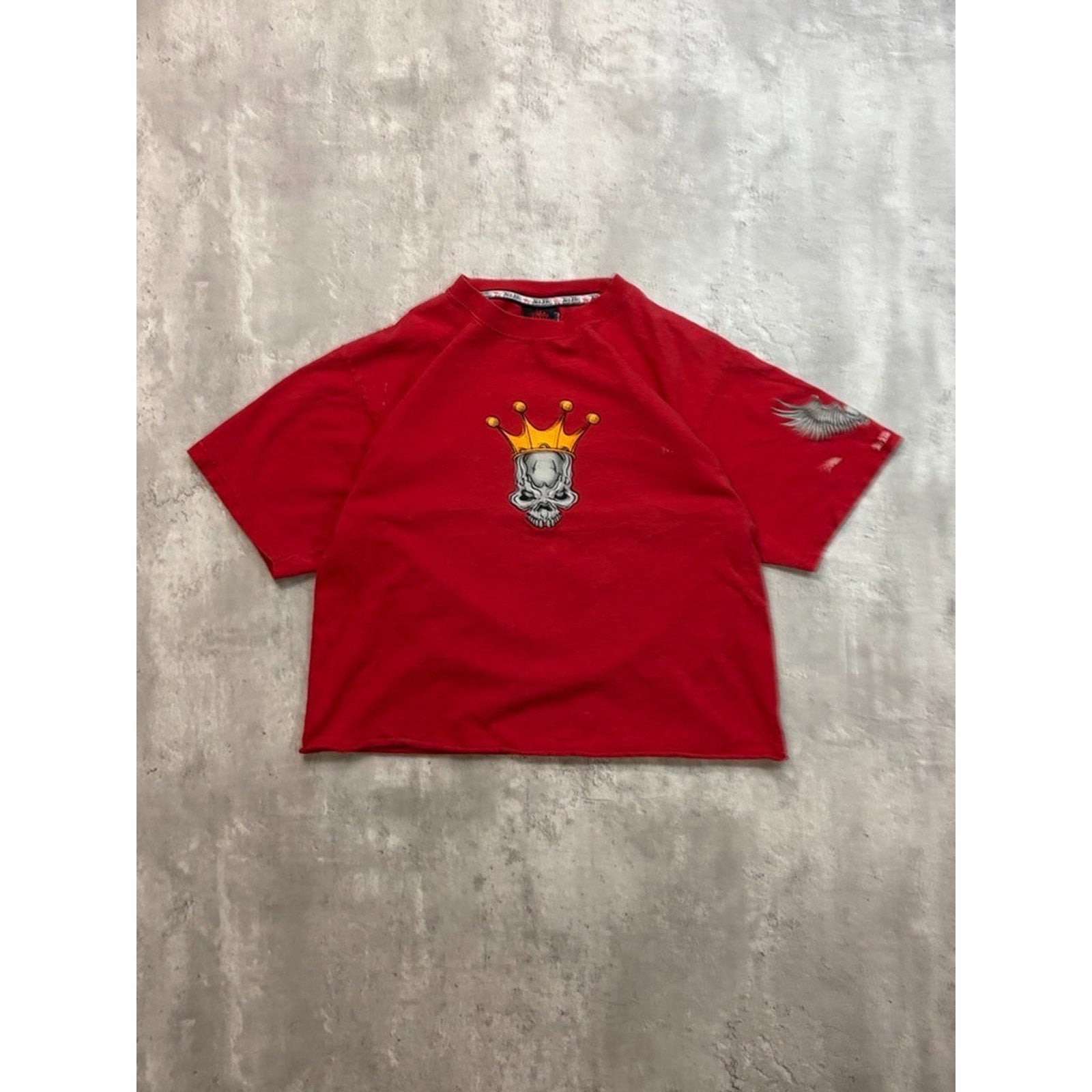 Vintage Y2K JNCO Jeans Winged Skull Graphic Cropped Red T-Shirt Size Large