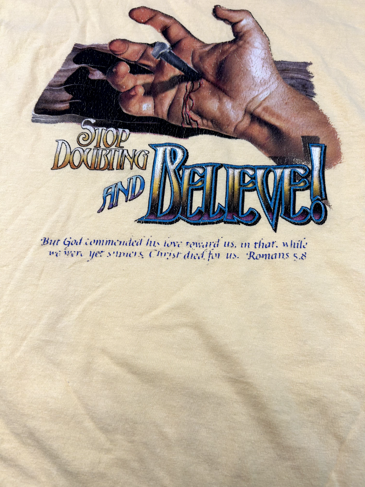 Vintage 90s Jesus Stop Doubting And Believe Religion T-Shirt Size Large Yellow