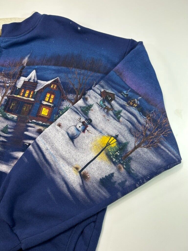 Vintage 90s Winter Village Landscape All Over Print Cardigan Sweatshirt Sz Large