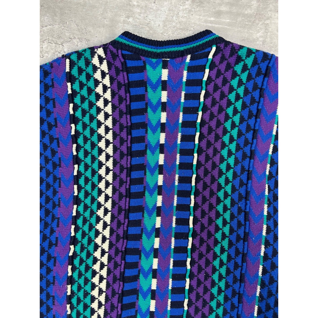 Vintage 90s Geometric Striped Print Pullover Knit Sweater Size XL